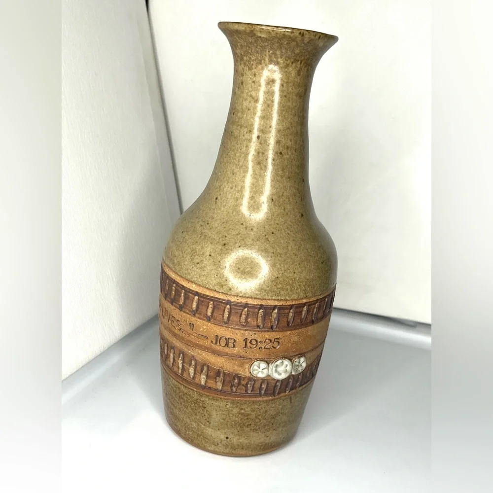 Ed Schrock 10” Pottery Vase w/ JOB 19:25 Bible Verse SIGNED Vintage